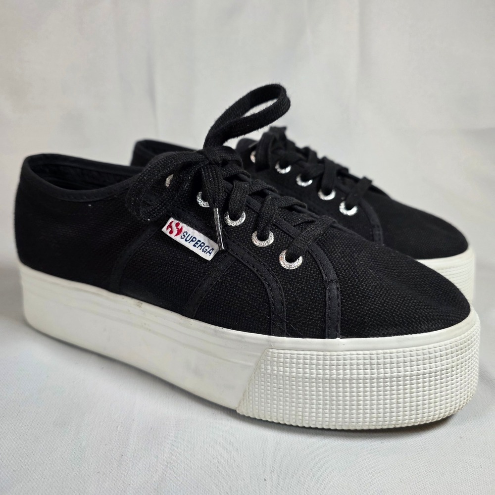 Superga 2790 Linea Platform Sneakers Black Canvas Womens Size 38 US 7.5